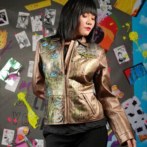 Upcycled Bronze Leather Jacket – Cornflower Graffiti Art – Unique, Festival